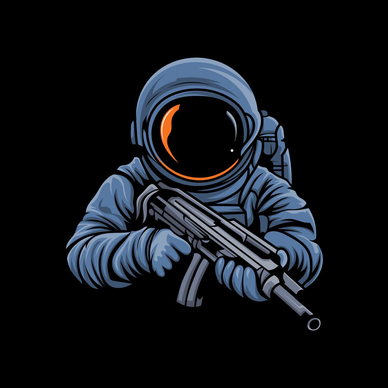 An armed astronaut in a steel blue suit, visor lit orange
